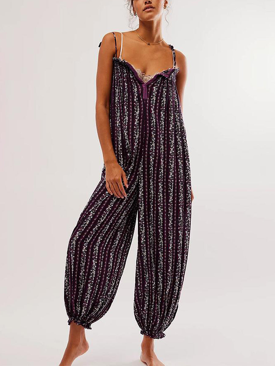 Jumpsuits - Women Summer Cami Jumpsuits Retro Floral Print Tie-Up Spaghetti Strap Sleeveless Long Rompers Fashion Loose Playsuits