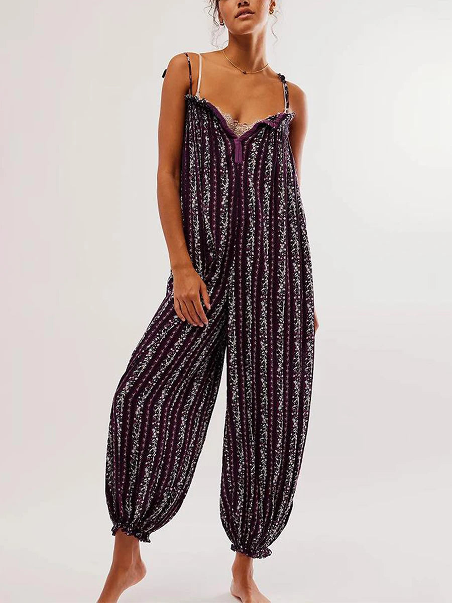 Jumpsuits - Women Summer Cami Jumpsuits Retro Floral Print Tie-Up Spaghetti Strap Sleeveless Long Rompers Fashion Loose Playsuits