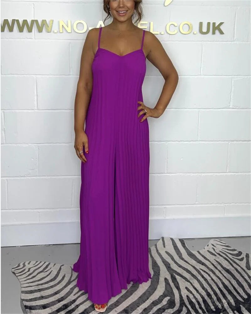 Jumpsuits - Plus-size women's jumpsuit full-body pressure pleated solid color sleeveless suspenders jumpsuit plus-size women's clothing