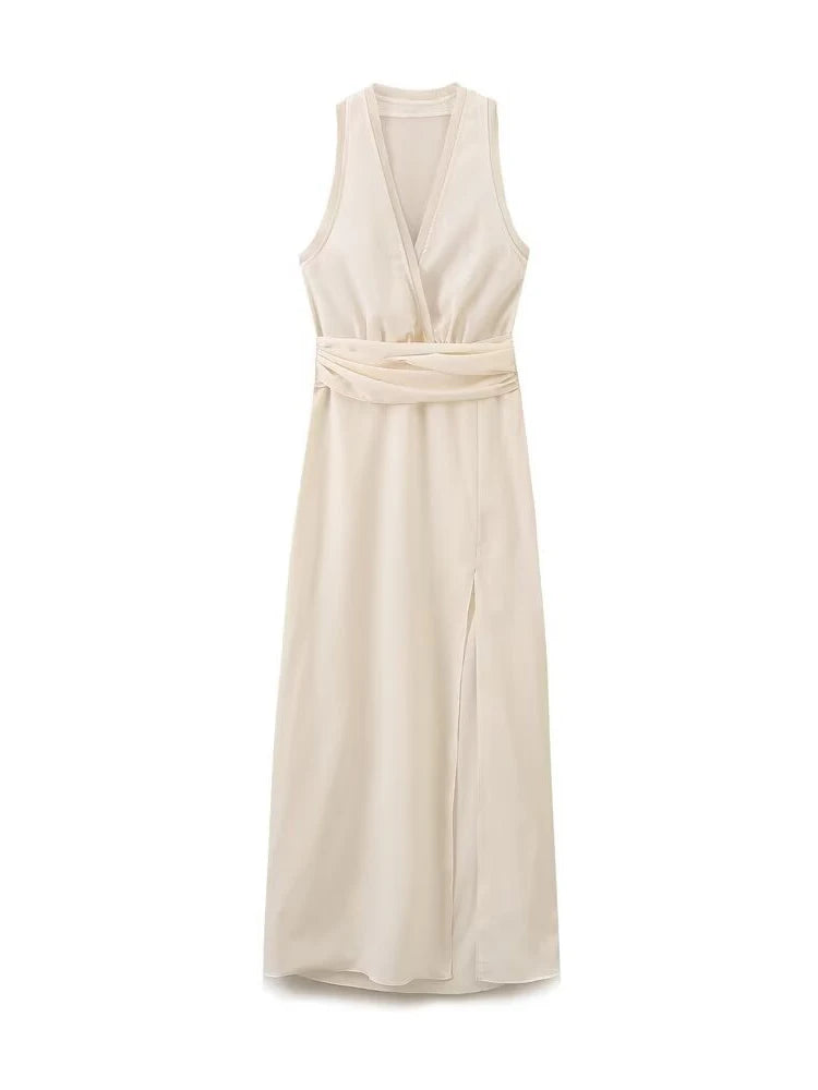 Midi Dresses - Women's V-neck Sleeveless Vest Dress Premium Temperament Slim Lapel Long Dress Sexy Semi-sheer Slit Lingerie Long Dresses