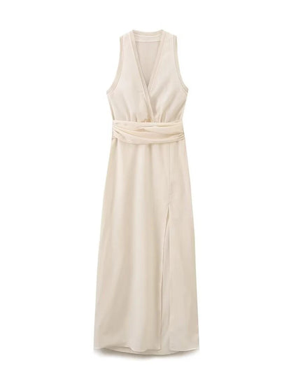 Midi Dresses - Women's V-neck Sleeveless Vest Dress Premium Temperament Slim Lapel Long Dress Sexy Semi-sheer Slit Lingerie Long Dresses