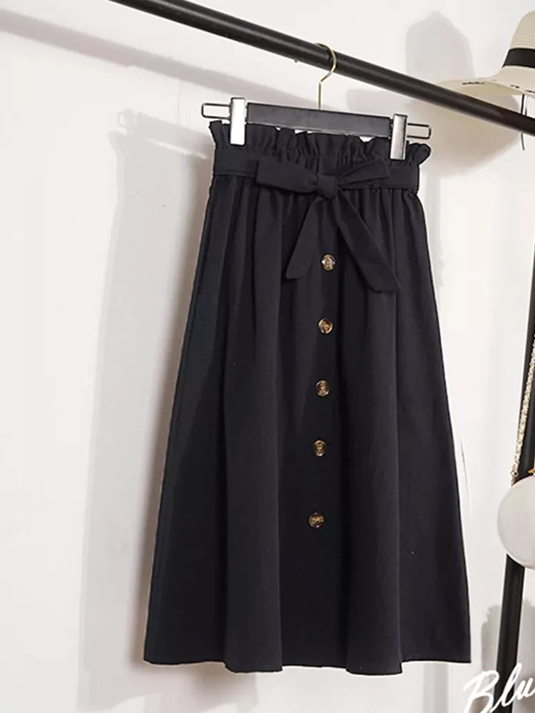 Midi Skirts - Summer Autumn Skirts Womens Midi Knee Length Korean Elegant Button High Waist Skirt Female Pleated School Skirt