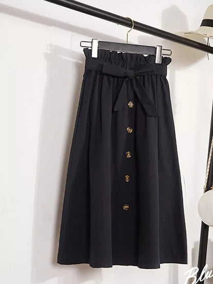 Midi Skirts - Summer Autumn Skirts Womens Midi Knee Length Korean Elegant Button High Waist Skirt Female Pleated School Skirt