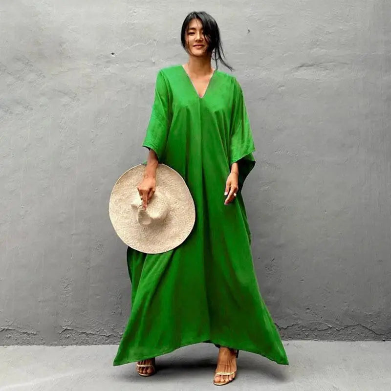 Kaftans - Women's Clothing Swimwears Solid Color Cover Up V Neck Batwing Sleeve Plus Size Beach Kaftan Dresses