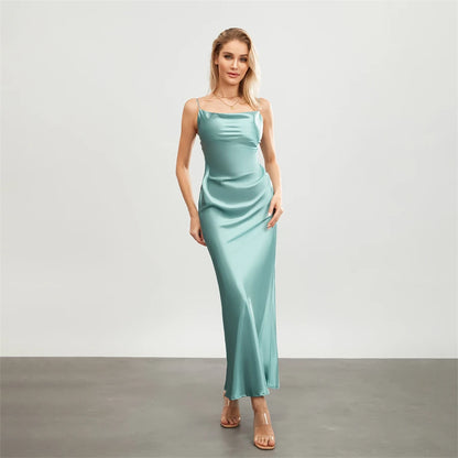 Satin Dresses - Backless Spaghetti Straps Party Long Dresses 2024 New Evening Gown Satin Vestidos Women's Cowl Neck Slip Wrap Dress