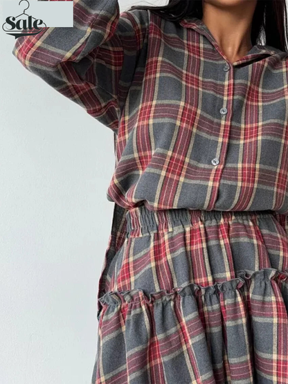 Fashion Loose Plaid 2 Piece Sets Women Outfit 2025 Elegant Long Sleeve Shirt With High Waist Mini Skirt Set Female