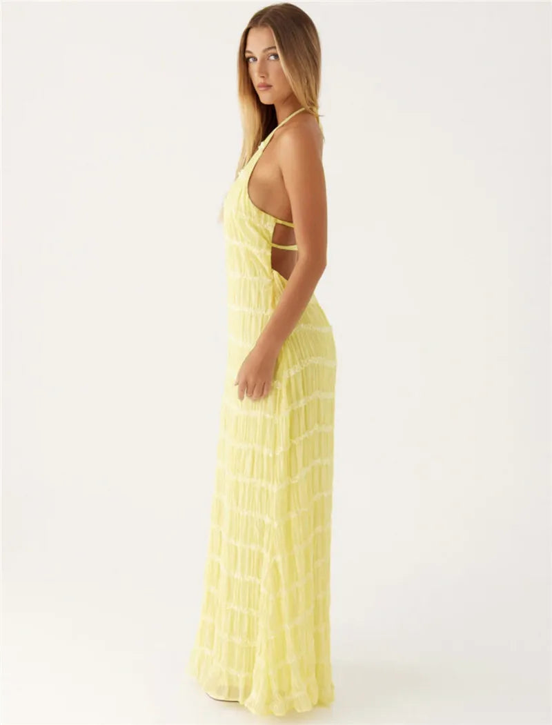 Party Dresses - Mozision Halter Backless Sexy Maxi Dress For Women Spring Summer New Lace-up Sleeveless Pleated Beach Holiday Long Dress Elegant