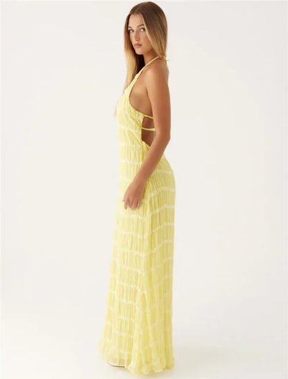 Party Dresses - Mozision Halter Backless Sexy Maxi Dress For Women Spring Summer New Lace-up Sleeveless Pleated Beach Holiday Long Dress Elegant