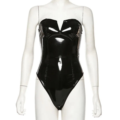 Bodysuits - Gothic PU Leather Bodysuit Strapless Bodysuit Club Backless Sexy Body Femme