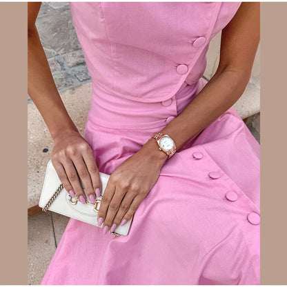 Skirt set - Women Vest Skirt Suit Solid O-neck Single Breasted Short Sleeve Short Top Button Wide Leg Skirts Female Summer Lady Beach Wears