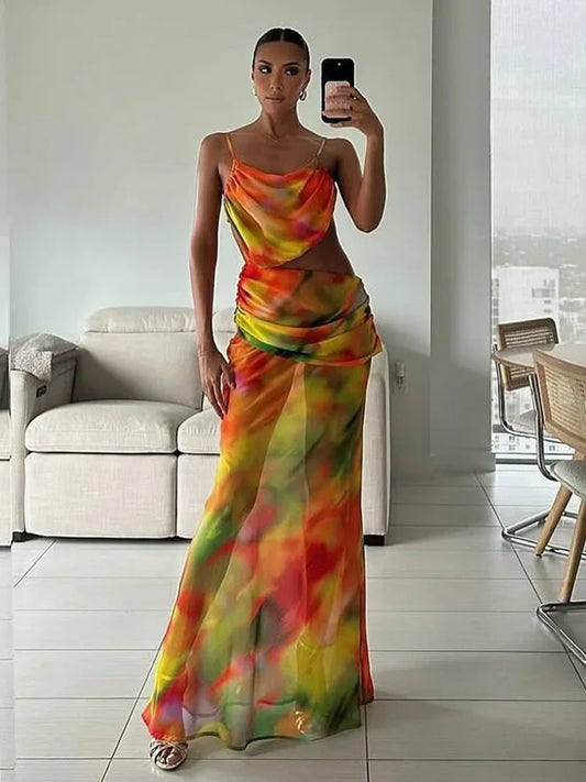 Skirts set - Sexy Wrap Around Cover Up Cut out Mesh Cover-ups Print Beach Long Dress Beathing Suit Beachwear Female Women Maxi Beach