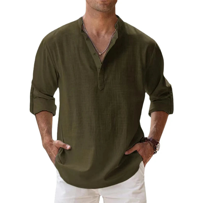 Men Shirts - New Cotton Linen Shirts for Men Casual Shirts Lightweight Long Sleeve Henley Beach Shirts Hawaiian T Shirts for Men