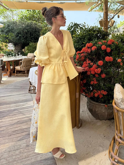 Matching Sets - Bornladies 2025 Summer Women's 100% Cotton V-Neck Lace-Up Bubble Sleeve Shirt Long Skirt Set Loose Casual Two-Piece Suit