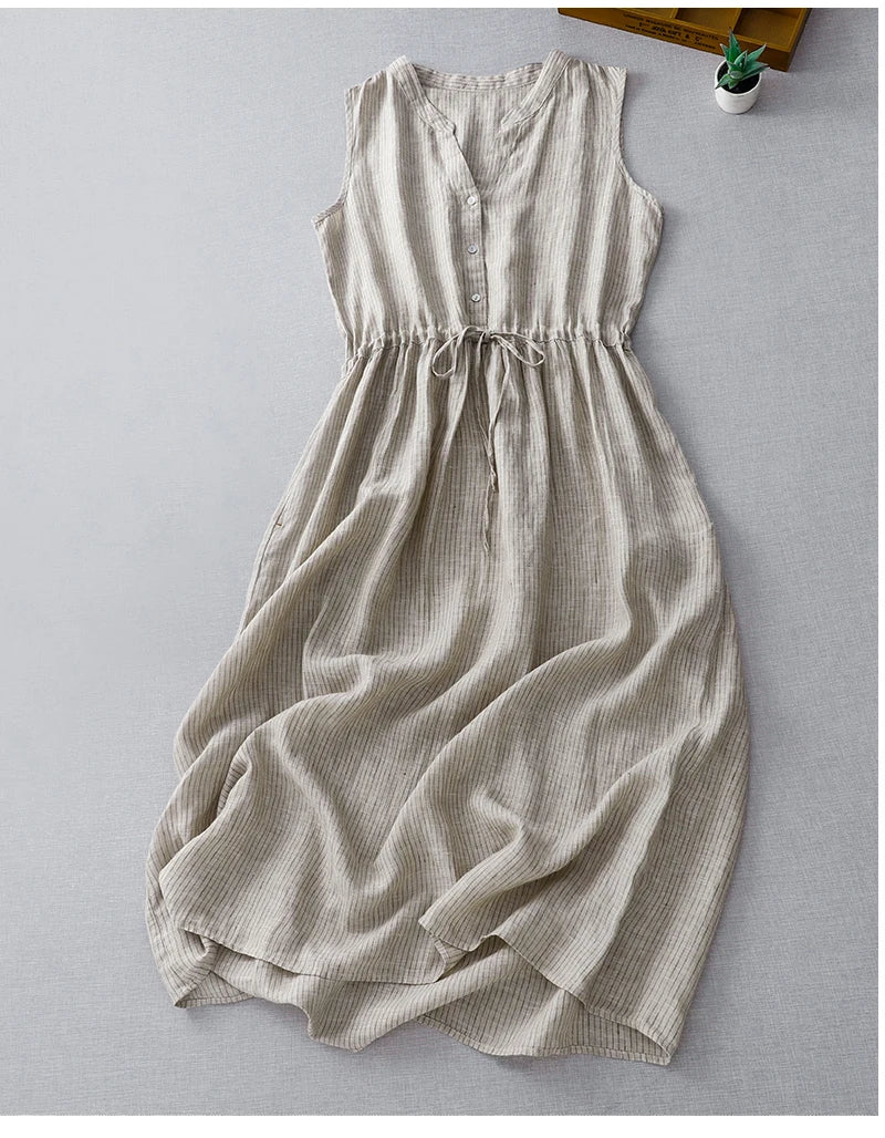 Casual Dresses - Cotton Sleeveless Dresses for Women 2025 New Summer Elegant Drawstring Tank Dress Casual Loose Vintage Stripe Female Midi Dress