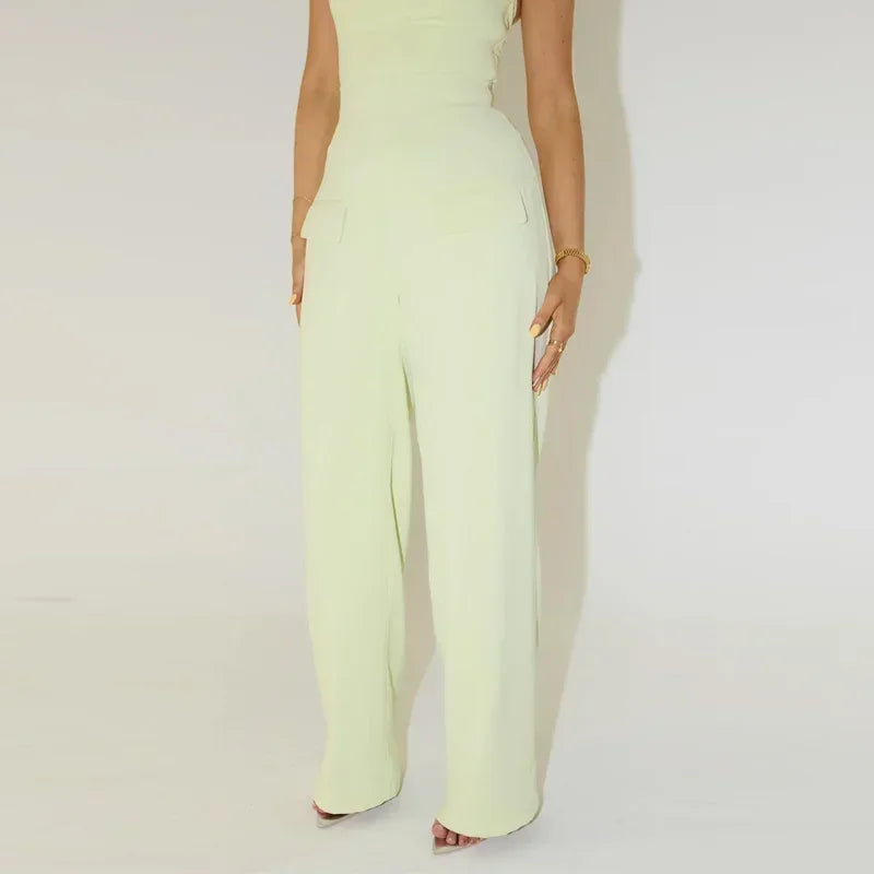 Pants Sets - Solid Square Collar Halter Vest Pants Sets Women Slim Backless Sleeveless Tops High Waist Wide Leg Pant 2025 Lady Office Outfit