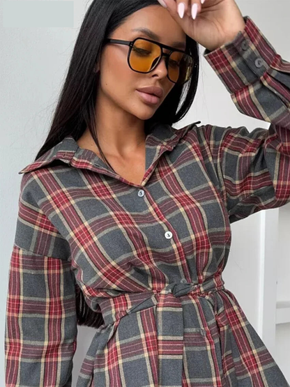 Fashion Loose Plaid 2 Piece Sets Women Outfit 2025 Elegant Long Sleeve Shirt With High Waist Mini Skirt Set Female