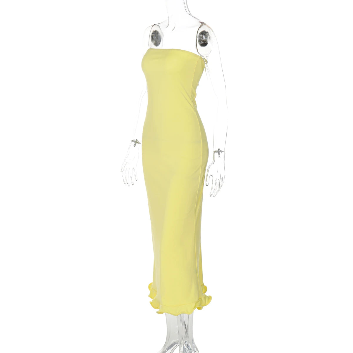 Tube Dresses - Sleeveless Ruffles Patchwork Strapless Bodycon Midi Dress Women'S Solid Sexy Outfit Party Clubwear For Autumn Winter