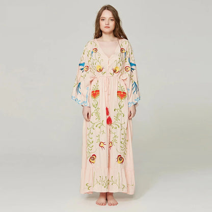Kaftans - Jastie Embroidered Women Maxi Dress V-Neck Batwing Sleeve Loose Oversize Summer Dresses Drawstring Waist Boho Beach Vestidos
