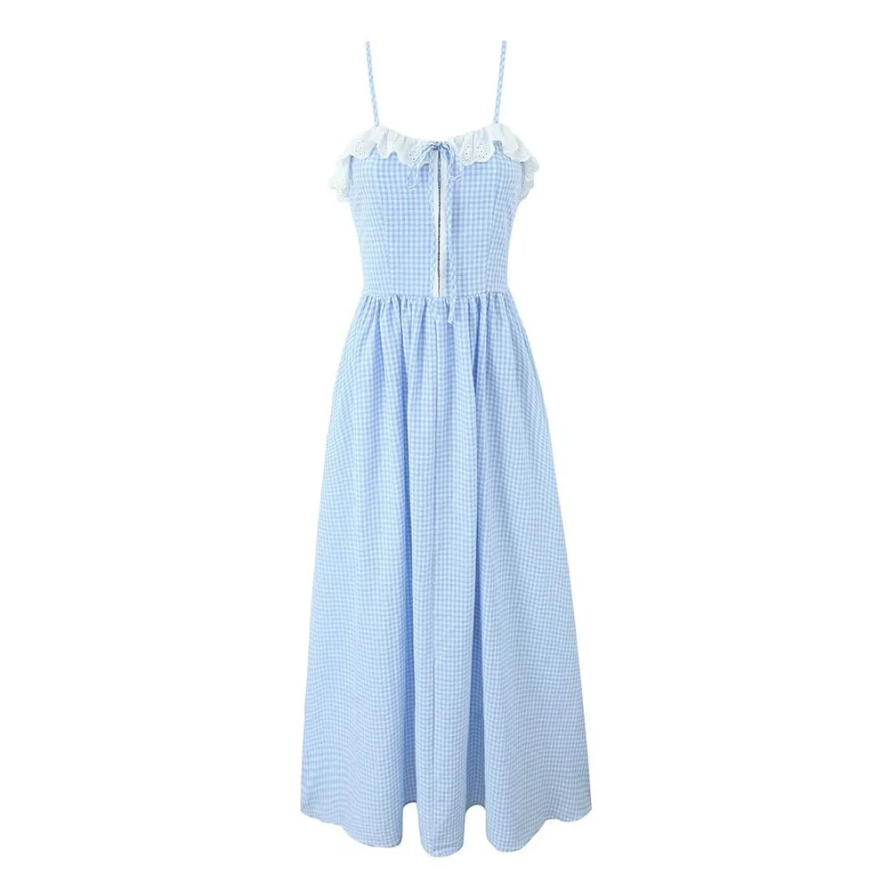 Plaid Dresses - Summer New Women's Dress Style French Lace Plaid Wrapped Chest Dress Shoulder Straps Detachable