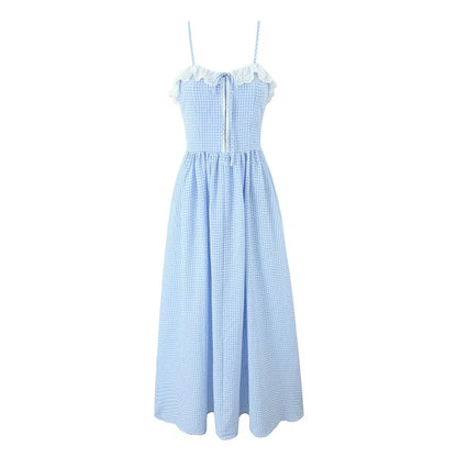 Plaid Dresses - Summer New Women's Dress Style French Lace Plaid Wrapped Chest Dress Shoulder Straps Detachable
