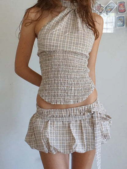 Casual Outfits - Women Y2K 2 Piece Bubble Skirt Outfit Set Off the Shoulder Plaid Halter Tank Top and Puff Mini Skirt with Belt Party Clubwear