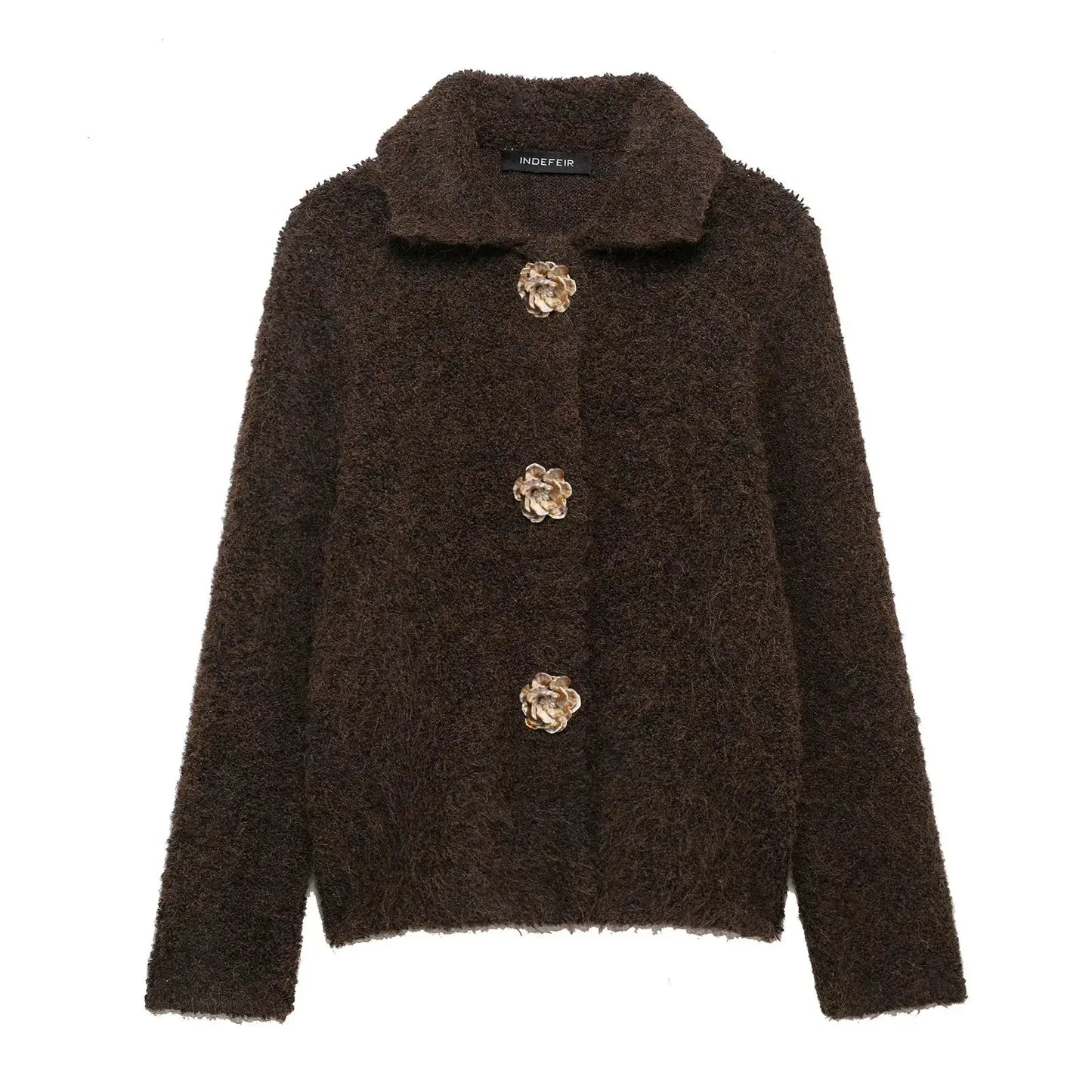 Cardigans - Women Autumn Flowers Shape Single Breasted Lapel Long Sleeve Knitted Top Fashion Female Chic Casual Slim Sweater Cardigan