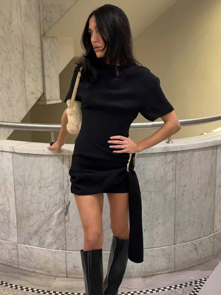 Mini Dresses - Short Sleeve Draped Sexy Mini Dress For Women Black Metal Buckle O Neck High Waist Bodycon Club Dress Vestido Clothes