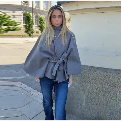 Coats - Elegant Stand Women's Coat Solid Long Sleeve Button Belted Lace-Up Cardigan Jacket 2025 Autumn Winter Outerwear Female Tops