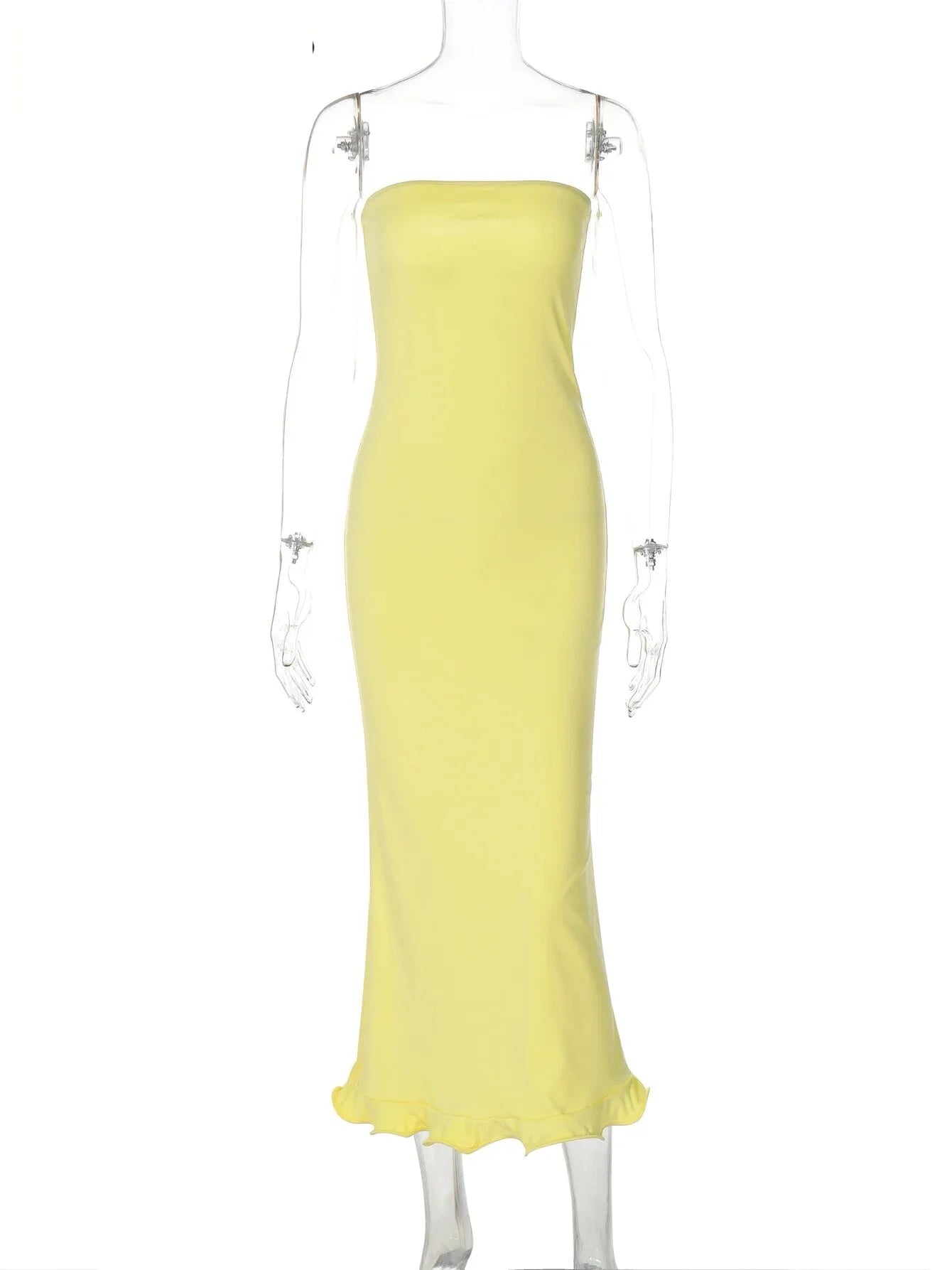 Tube Dresses - Sleeveless Ruffles Patchwork Strapless Bodycon Midi Dress Women'S Solid Sexy Outfit Party Clubwear For Autumn Winter