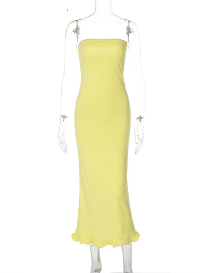 Tube Dresses - Sleeveless Ruffles Patchwork Strapless Bodycon Midi Dress Women'S Solid Sexy Outfit Party Clubwear For Autumn Winter