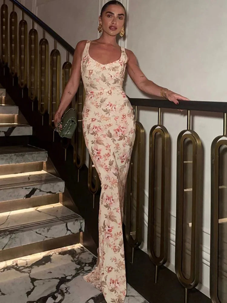 Elegant Dresses - Backless Print Sexy Maxi Dress For Women Fashion Sleeveless High Waist Bodycon Club Party Sexy Slit Dress Elegant