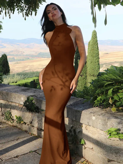 Elegant Dresses - Flower Sleeveless Sexy Maxi Dress For Women Gown Fashion Halter Backless Bodycon Evening Club Long Dress Vestido