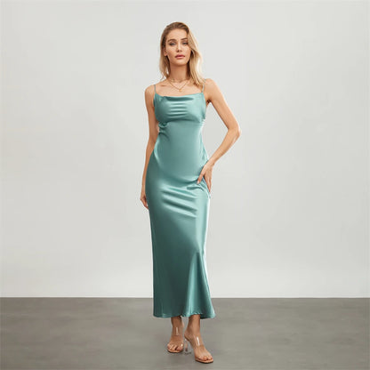 Satin Dresses - Backless Spaghetti Straps Party Long Dresses 2024 New Evening Gown Satin Vestidos Women's Cowl Neck Slip Wrap Dress