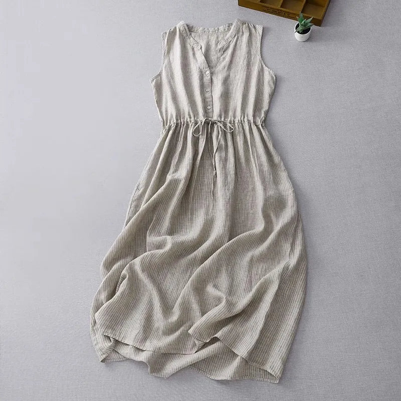 Casual Dresses - Cotton Sleeveless Dresses for Women 2025 New Summer Elegant Drawstring Tank Dress Casual Loose Vintage Stripe Female Midi Dress