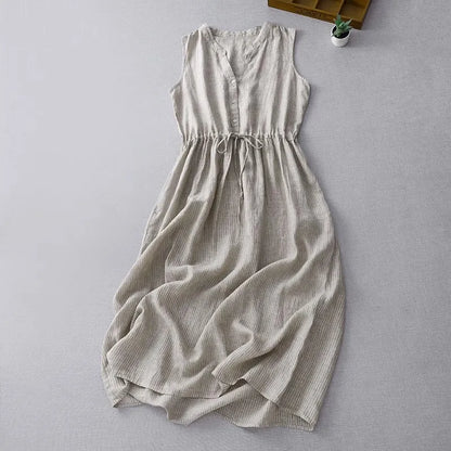 Casual Dresses - Cotton Sleeveless Dresses for Women 2025 New Summer Elegant Drawstring Tank Dress Casual Loose Vintage Stripe Female Midi Dress