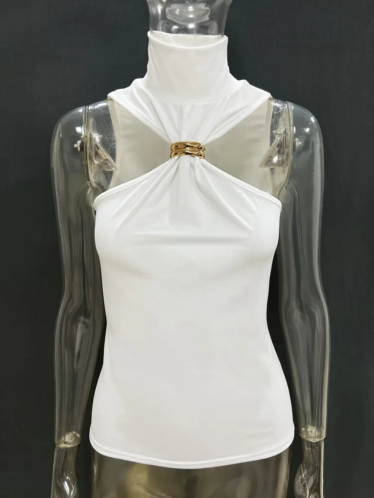 Halter Tops - Turtleneck Basic Knit Tank Tops Women Vest Pullovers Metal Ring Camisole Sleeveless Skinny Knitted Tops Y2K Cropped Top