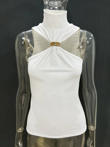 Halter Tops - Turtleneck Basic Knit Tank Tops Women Vest Pullovers Metal Ring Camisole Sleeveless Skinny Knitted Tops Y2K Cropped Top