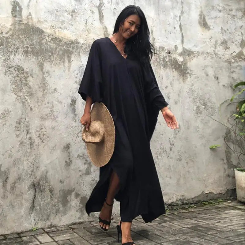 Kaftans - Women's Clothing Swimwears Solid Color Cover Up V Neck Batwing Sleeve Plus Size Beach Kaftan Dresses