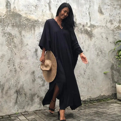 Kaftans - Women's Clothing Swimwears Solid Color Cover Up V Neck Batwing Sleeve Plus Size Beach Kaftan Dresses
