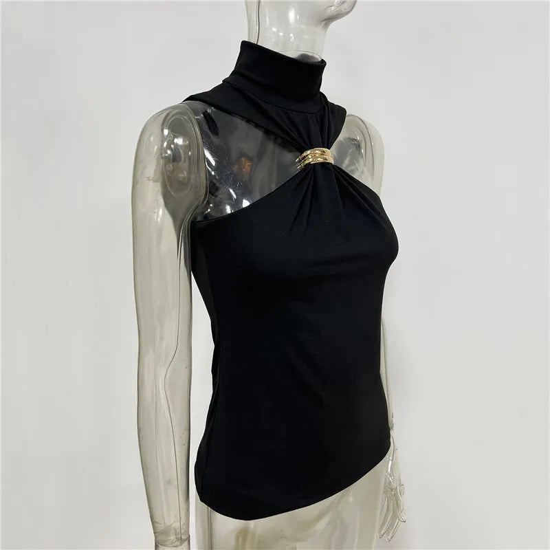 Halter Tops - Turtleneck Basic Knit Tank Tops Women Vest Pullovers Metal Ring Camisole Sleeveless Skinny Knitted Tops Y2K Cropped Top