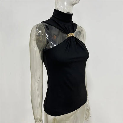Halter Tops - Turtleneck Basic Knit Tank Tops Women Vest Pullovers Metal Ring Camisole Sleeveless Skinny Knitted Tops Y2K Cropped Top