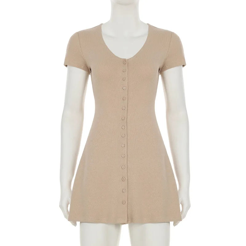 Casual Dresses - Summer New Knitted Mini Dress Female Elegant V Neck Buttons Short Sleeve Dress High Elasticity Casual Women's Dress