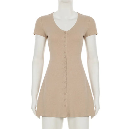 Casual Dresses - Summer New Knitted Mini Dress Female Elegant V Neck Buttons Short Sleeve Dress High Elasticity Casual Women's Dress