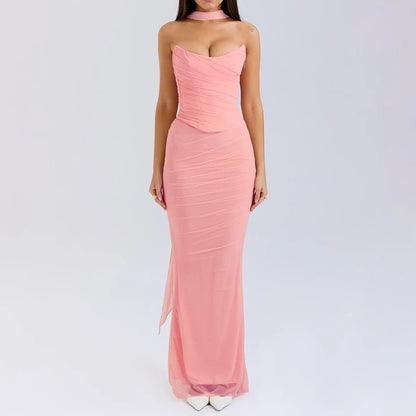 Elegant Matching Sets - Elegant Maxi Wedding Guest Dress Set Sexy Strapless Blue Cropped Top Set Bodycon Holiday Party Dresses Women