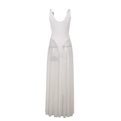 See-through Dresses - White Mesh Pleated Evening Club Party Dress Women Robes Backless Elegant Sexy Dress Bodycon Long Summer Dress Vestidos