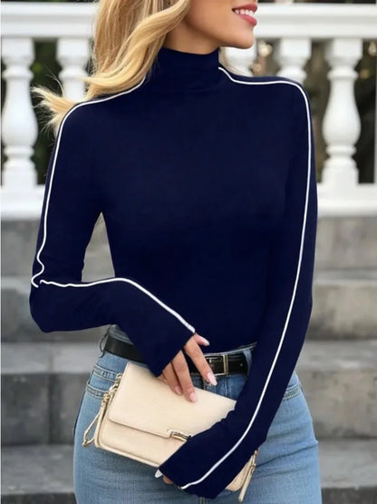 Fall Tops - Beautyblue Casual Women's High Neck T-Shirt Stripes Long Sleeve New Autumn Skinny Stretch Navy Blue Streetwear Fashion Basic Top
