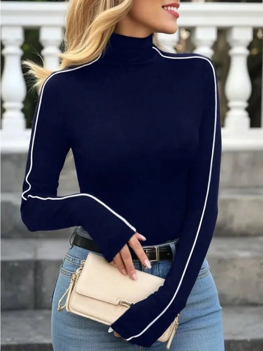 Fall Tops - Beautyblue Casual Women's High Neck T-Shirt Stripes Long Sleeve New Autumn Skinny Stretch Navy Blue Streetwear Fashion Basic Top
