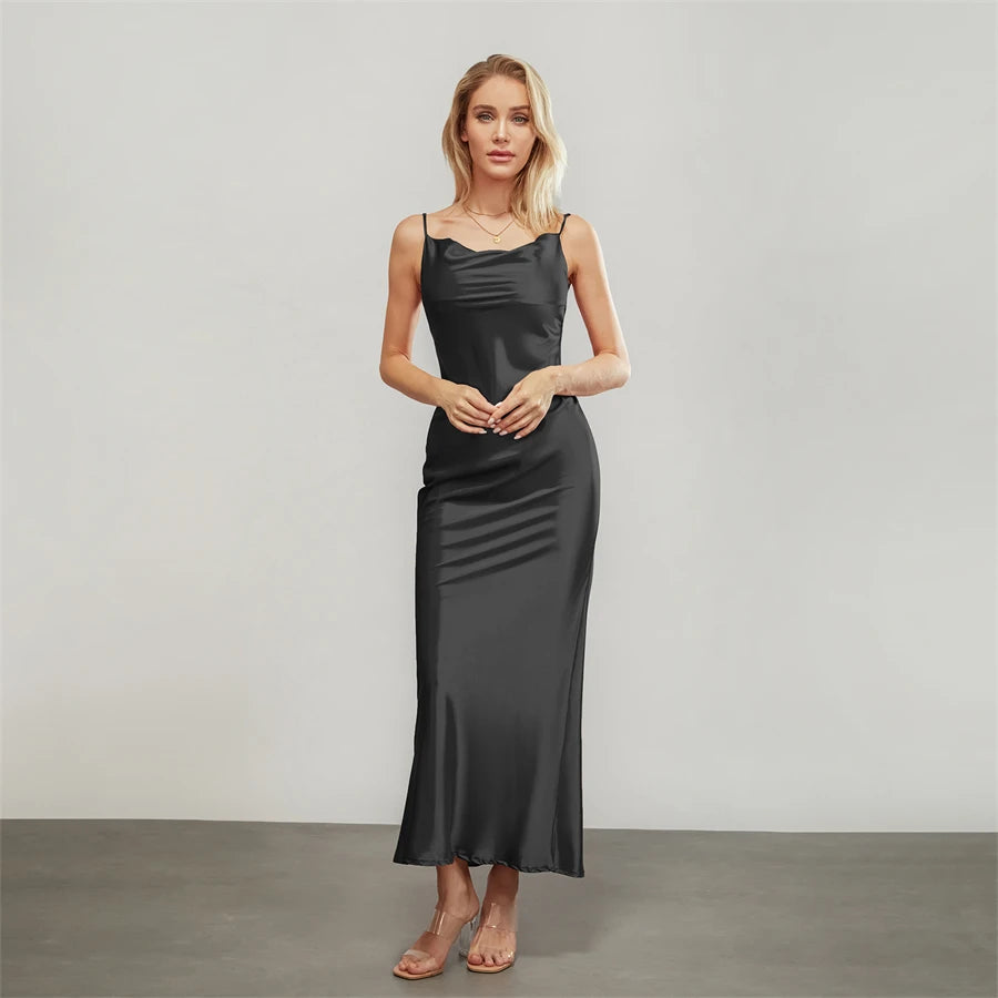 Satin Dresses - Backless Spaghetti Straps Party Long Dresses 2024 New Evening Gown Satin Vestidos Women's Cowl Neck Slip Wrap Dress