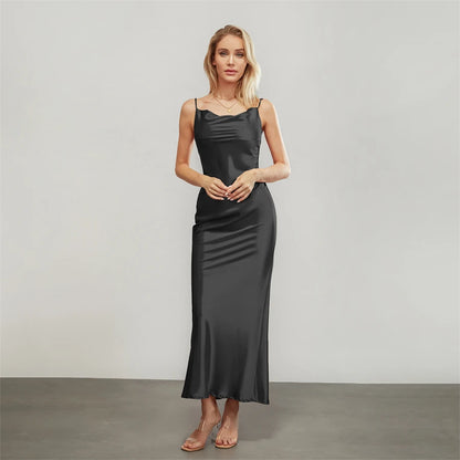 Satin Dresses - Backless Spaghetti Straps Party Long Dresses 2024 New Evening Gown Satin Vestidos Women's Cowl Neck Slip Wrap Dress