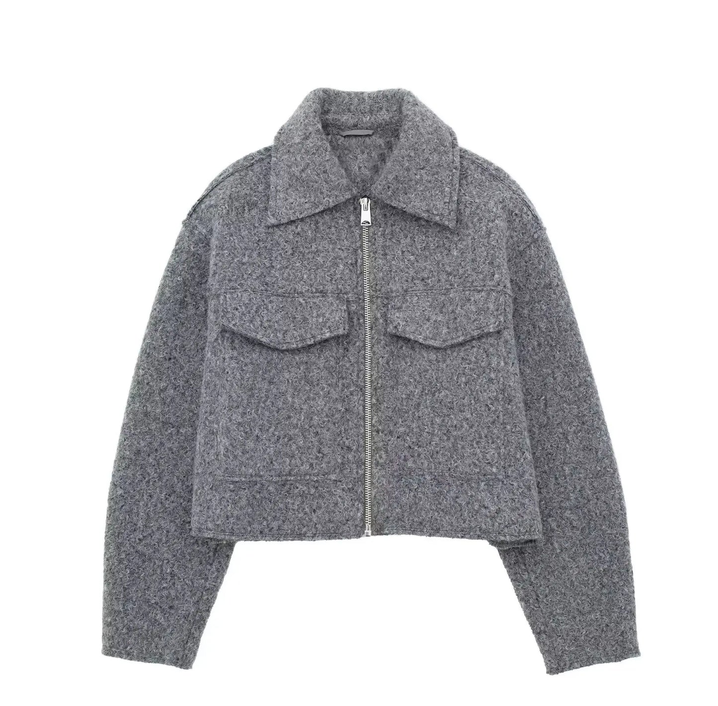  - 2024 Autumn Women's Cropped Jacket OuterwearLong Sleeve With Pocket Zipper Faux Fur Coat Fashion Women's Clothing